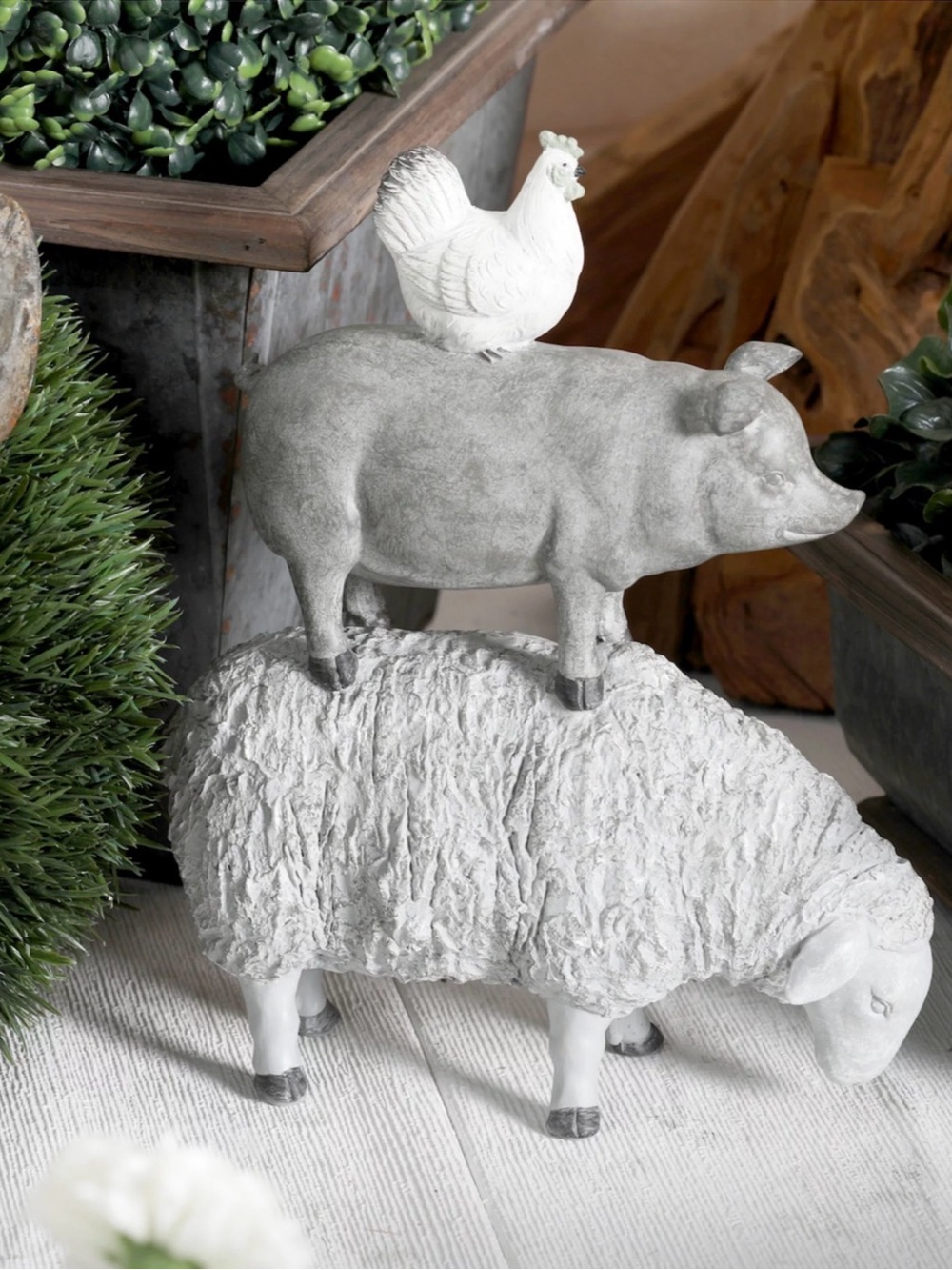 Rustic Farm Animal Stack Sculpture - Gray and White Home Art